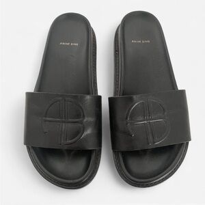 Anine Bing - Black Embossed Logo Leather Slides